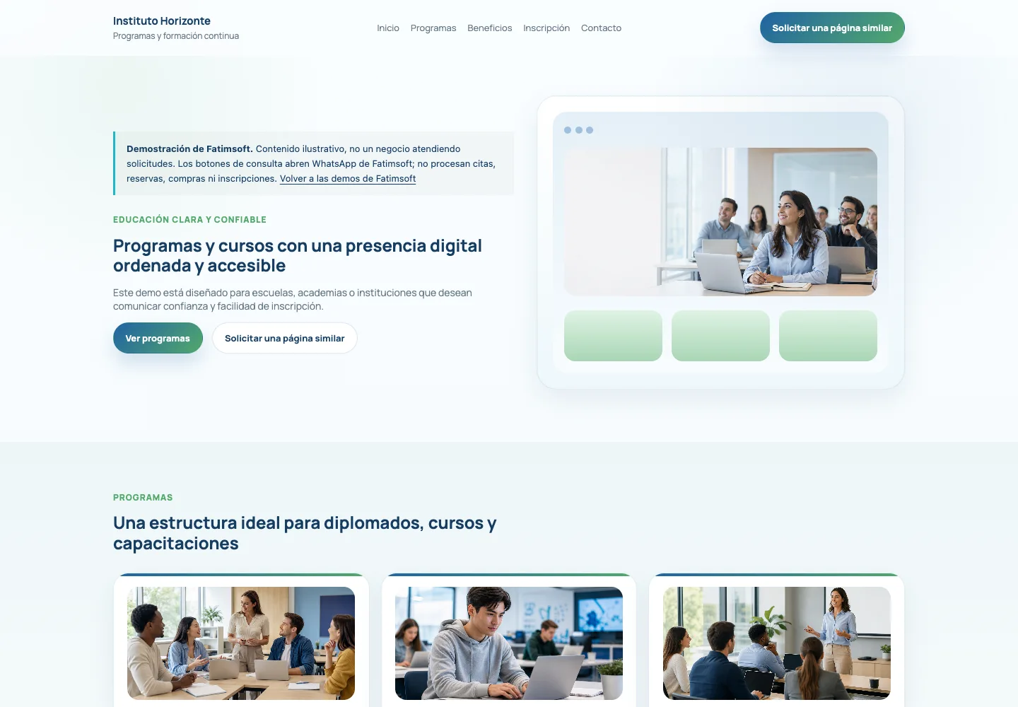 Captura de la página de demostración Escuela / Cursos