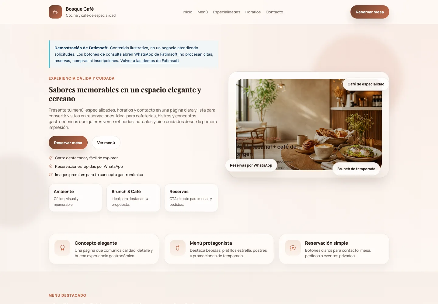 Captura de la página de demostración Restaurante / Cafetería