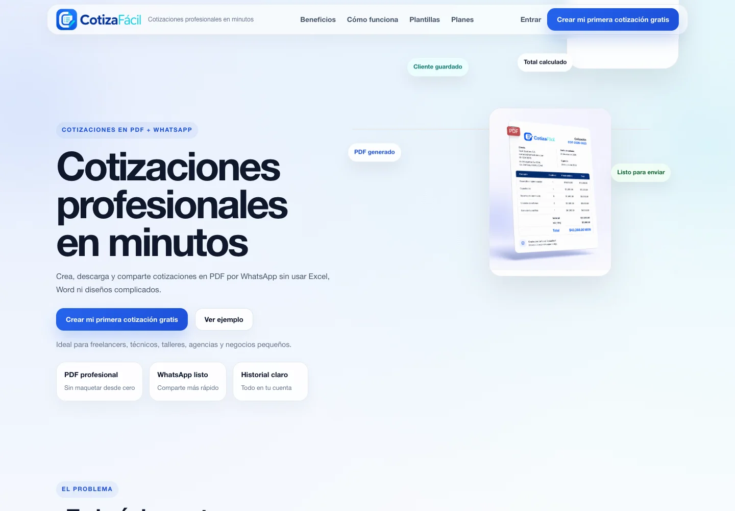 Portada pública de CotizaFácil, aplicación para crear cotizaciones en PDF y compartirlas por WhatsApp