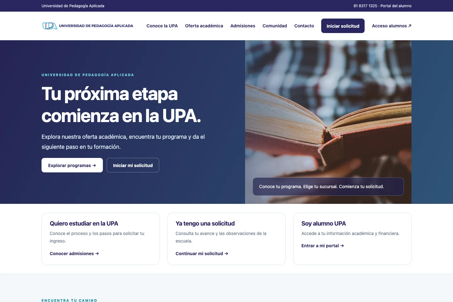 Web pública de la Universidad de Pedagogía Aplicada, con oferta académica y admisiones