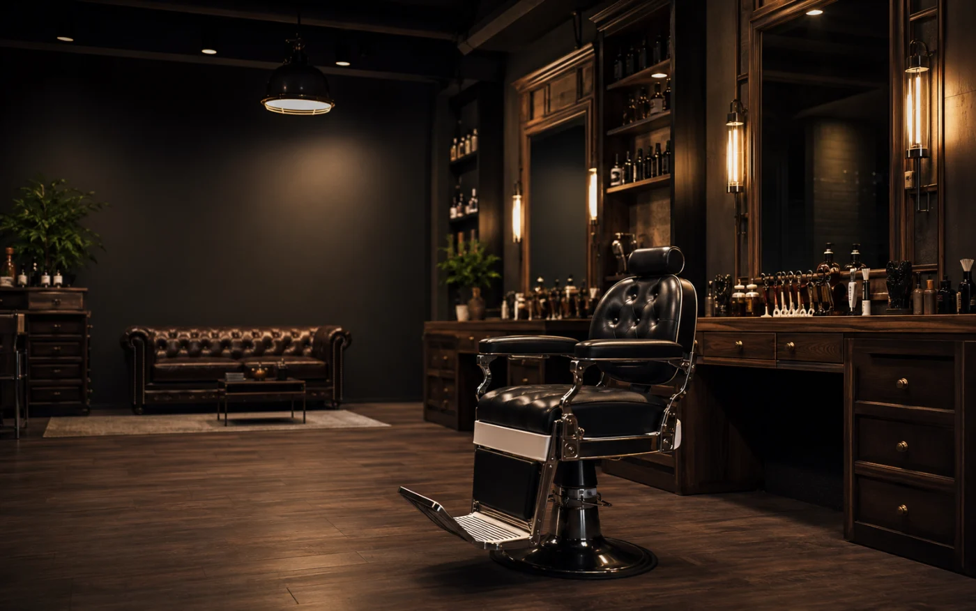 Interior de barbería con sillón de cuero e iluminación cálida