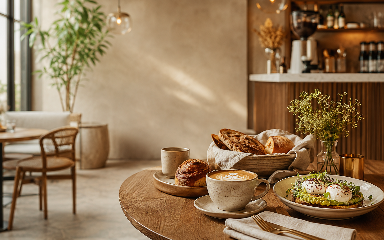Cafetería elegante con café y alimentos